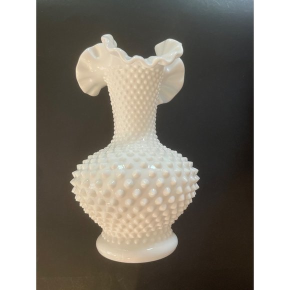 Vintage Fenton Vase Hobnail Milk Glass Bulbous Ruffle 11" White Pre Fenton Mark - Picture 2 of 7